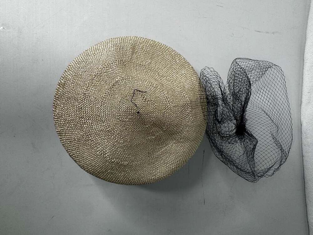 Vintage Straw Pillbox Hat with Black Bow and Veil